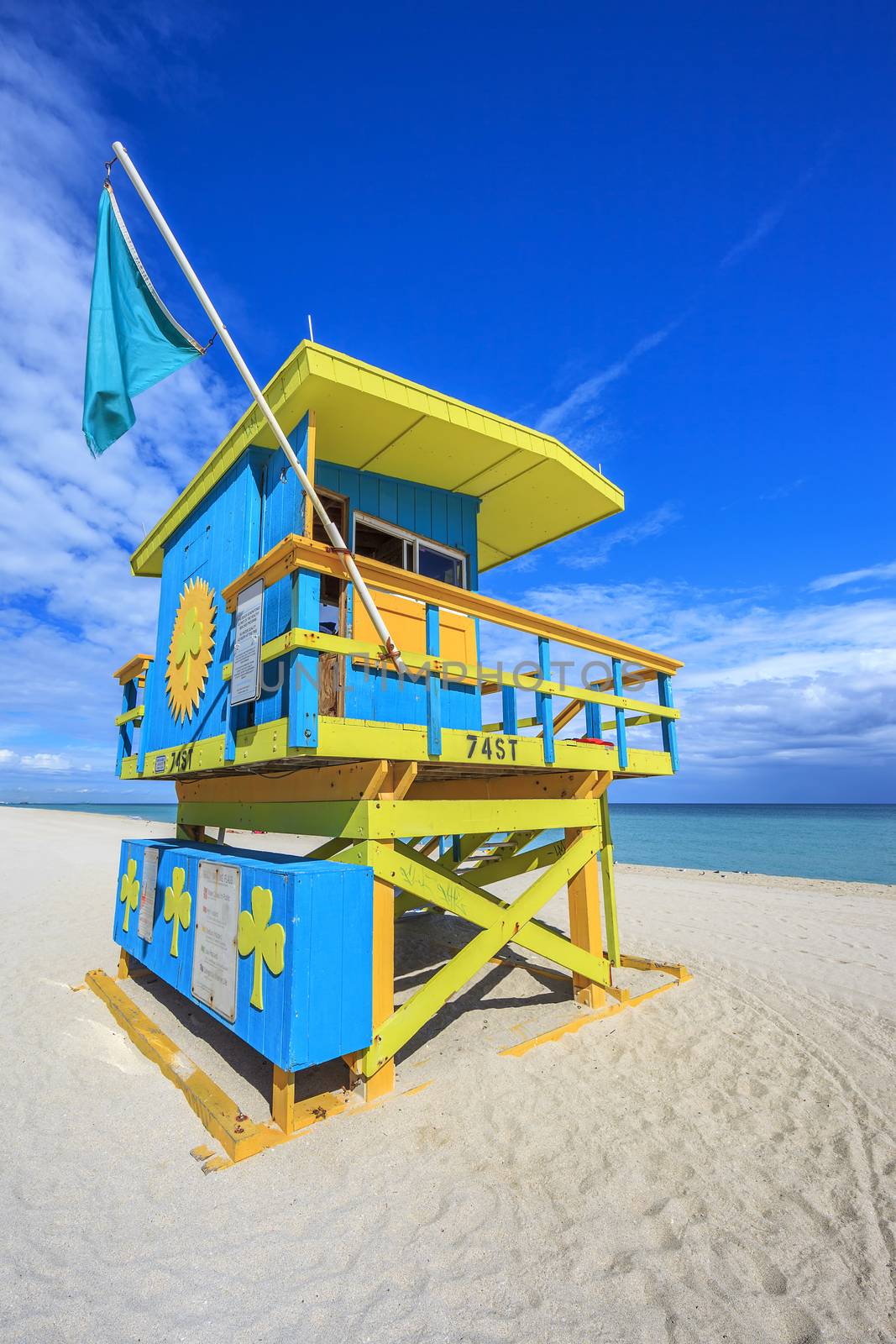 Famous lifeguard house in a typical colorful Art Deco style, Miami Beach