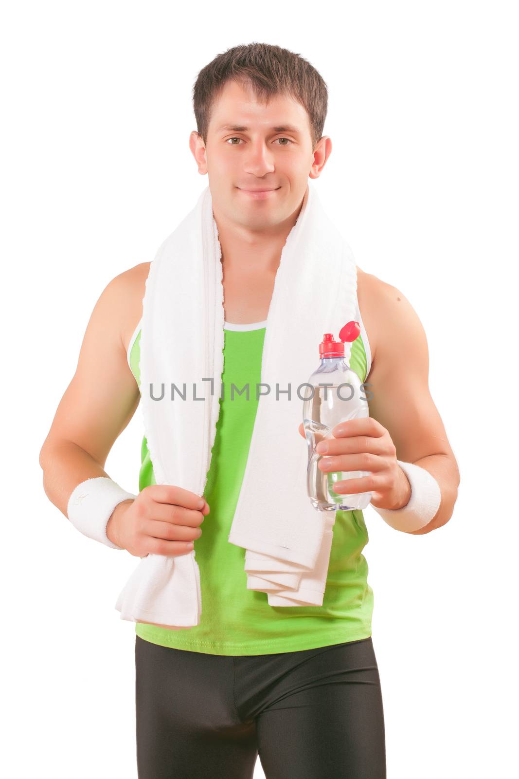 portrait of sportsman  with white cotton towel and bottle of wat by mihalec