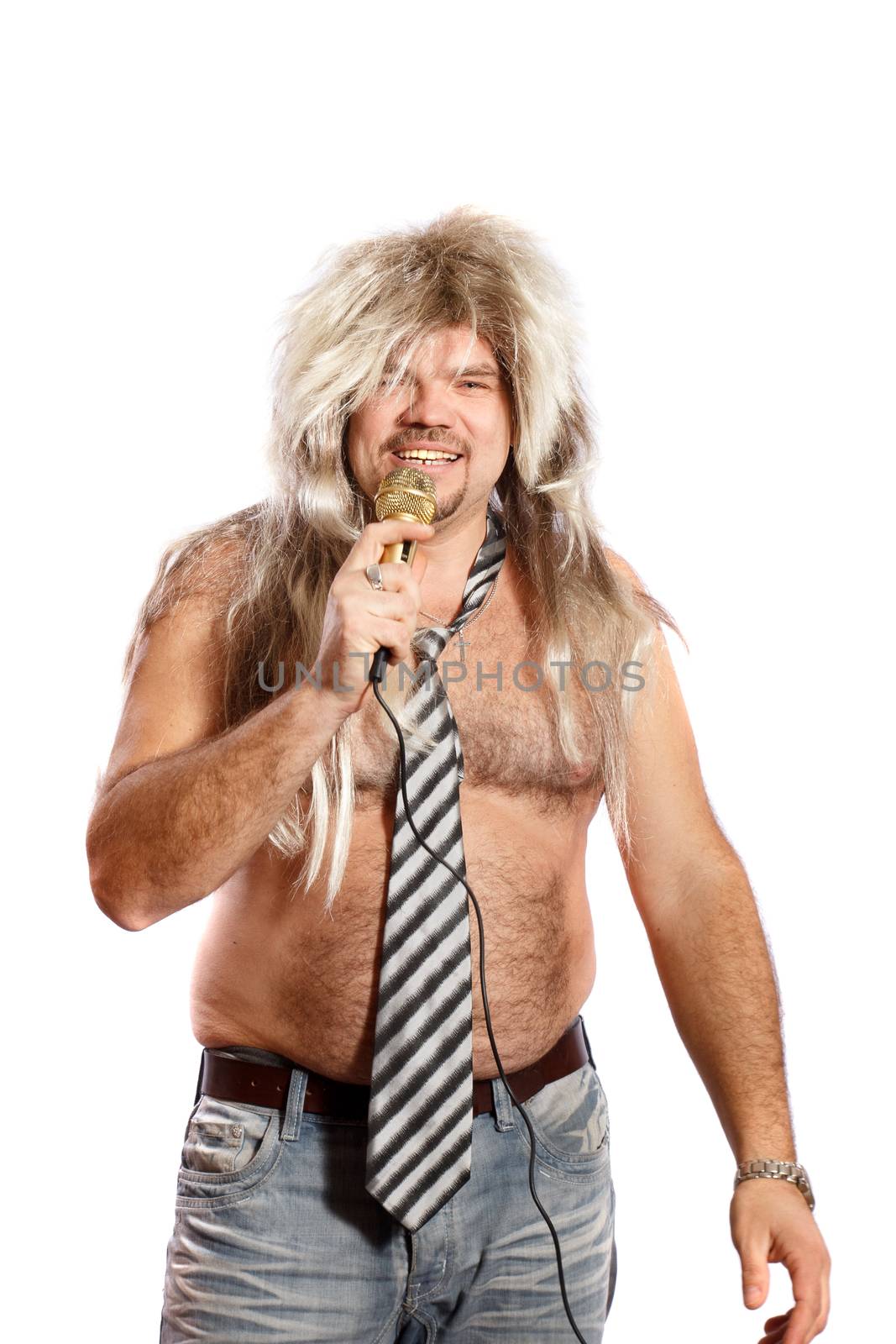 old-time rock star with a microphone on a white background