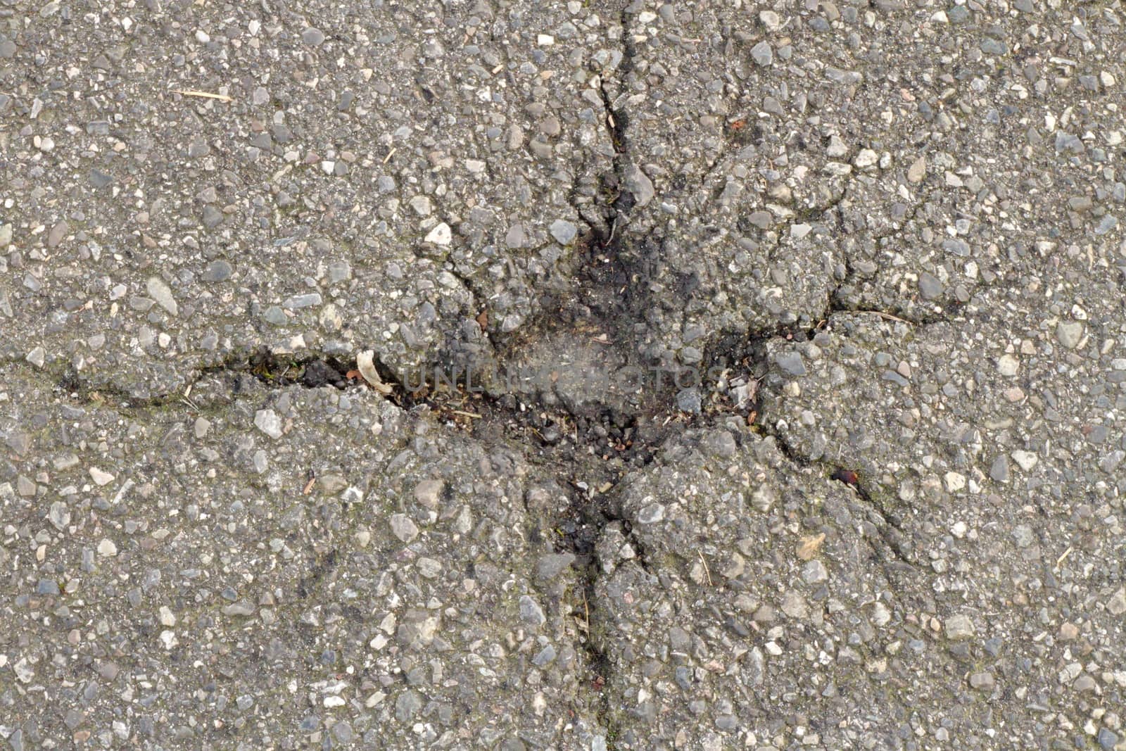 Small tar hole like a star in pavement asphalt
