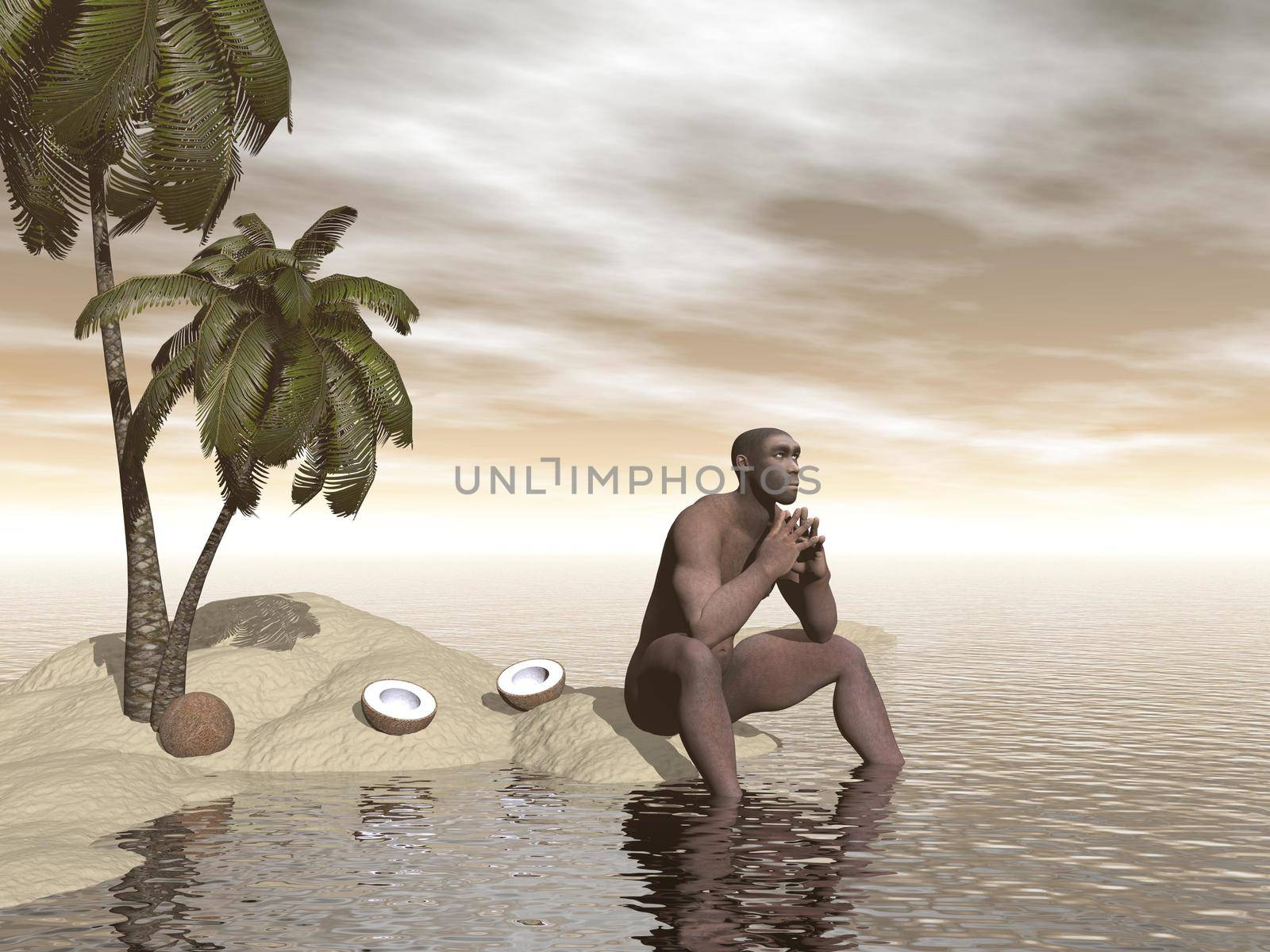 Homo erectus thinking alone - 3D render by Elenaphotos21