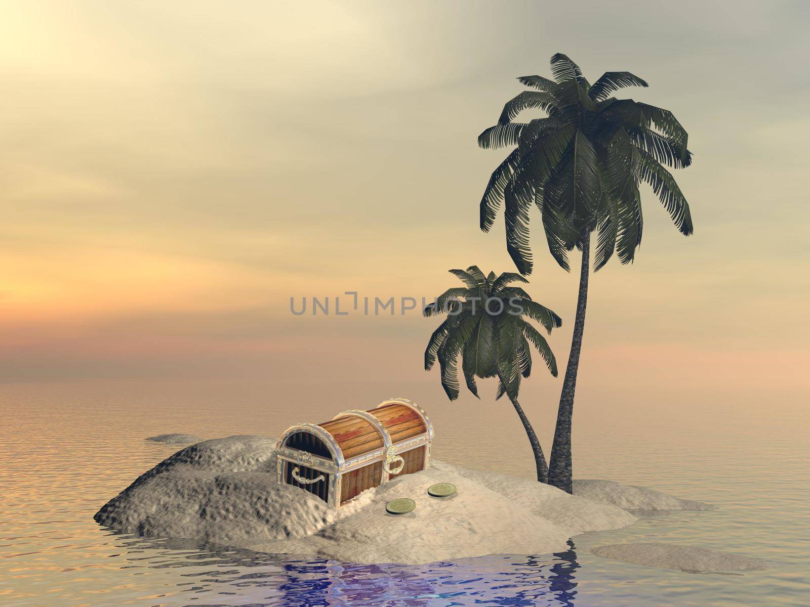 One treasure chest alone on small island with palm trees in the middle of ocean by sunset