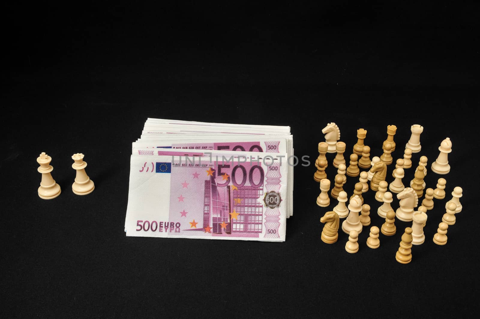 Money Strategy Concept White Chess and Currency on a Black Background