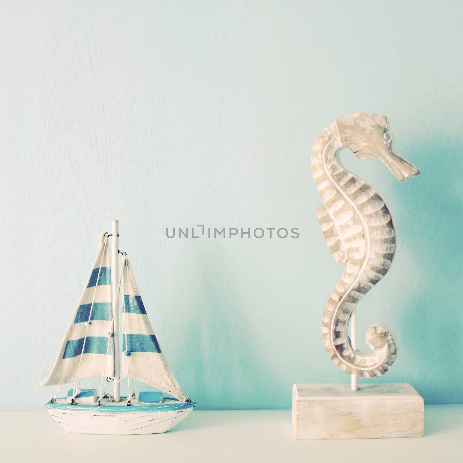 Seahorse and ship for decorated in room with retro filter effect by nuchylee