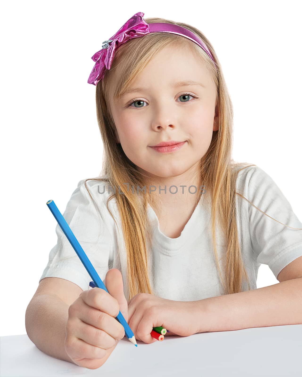 kid girl drawing with blue pencils