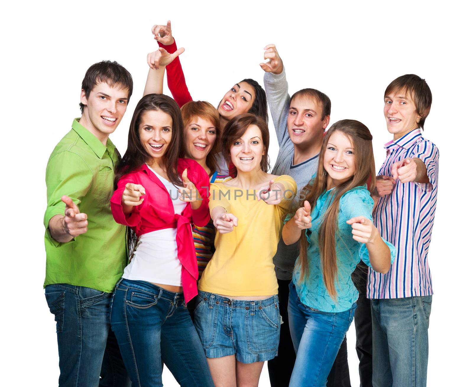 Smiling boys and girls with a raised thumb isolated on white