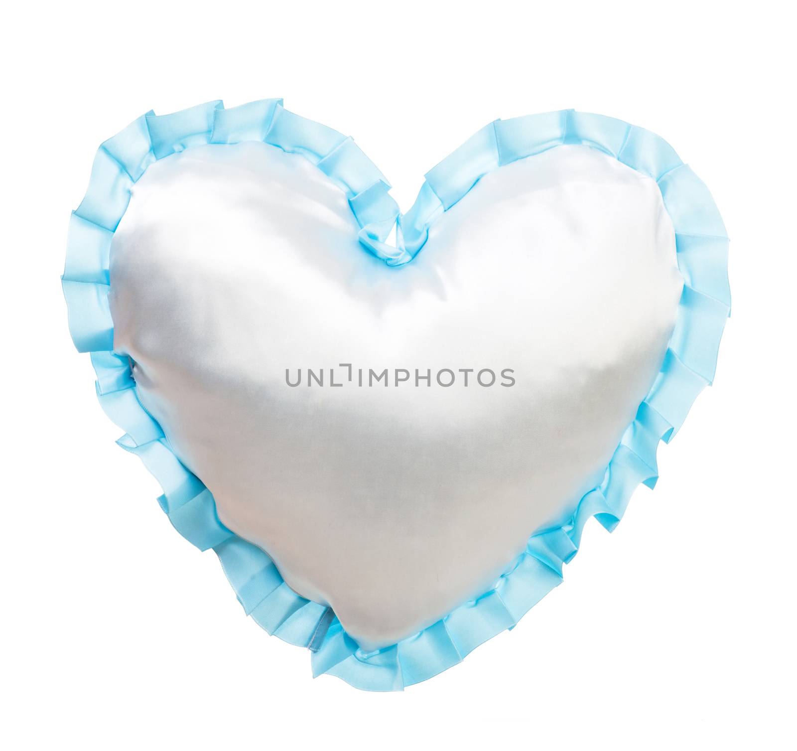 Blue silk pillow in the shape of heart isolated on white