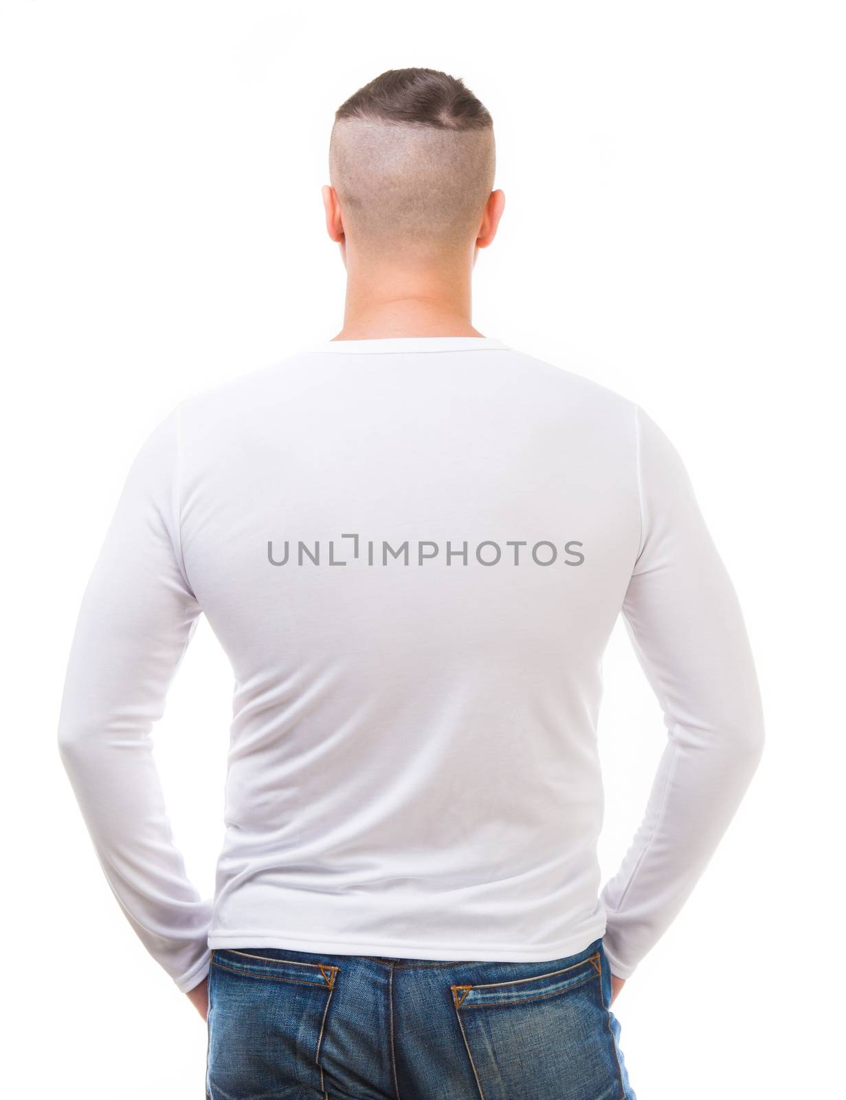 back of young man in a white shirt with long sleeves isolated on white background