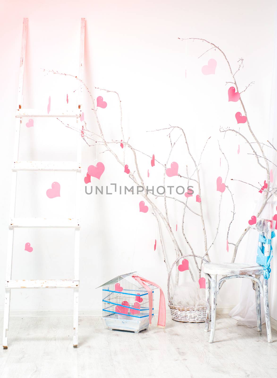 romantic Valentine's Day interior with a hearts on white tree