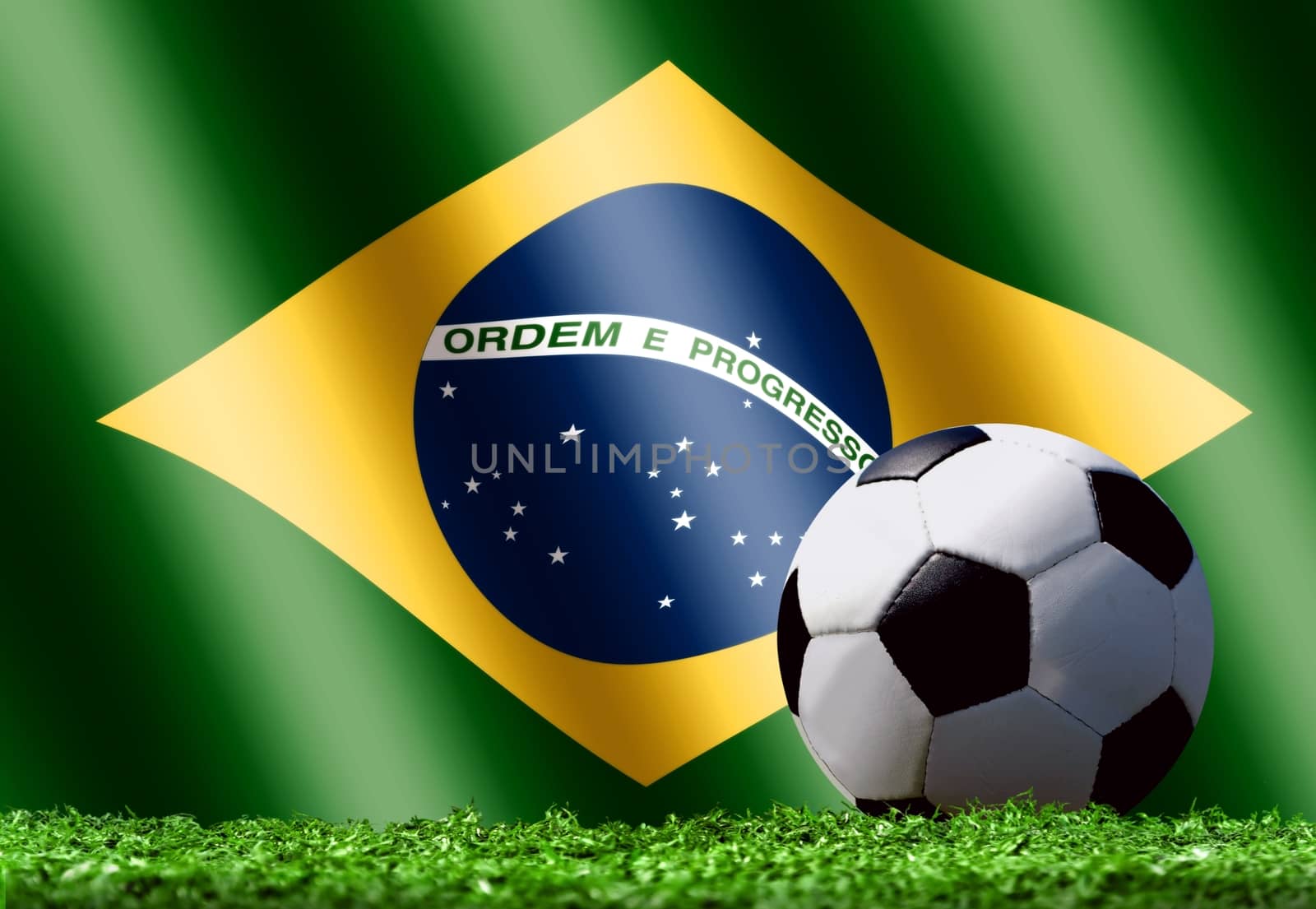 Soccer Ball on Grass with Brazilian Flag