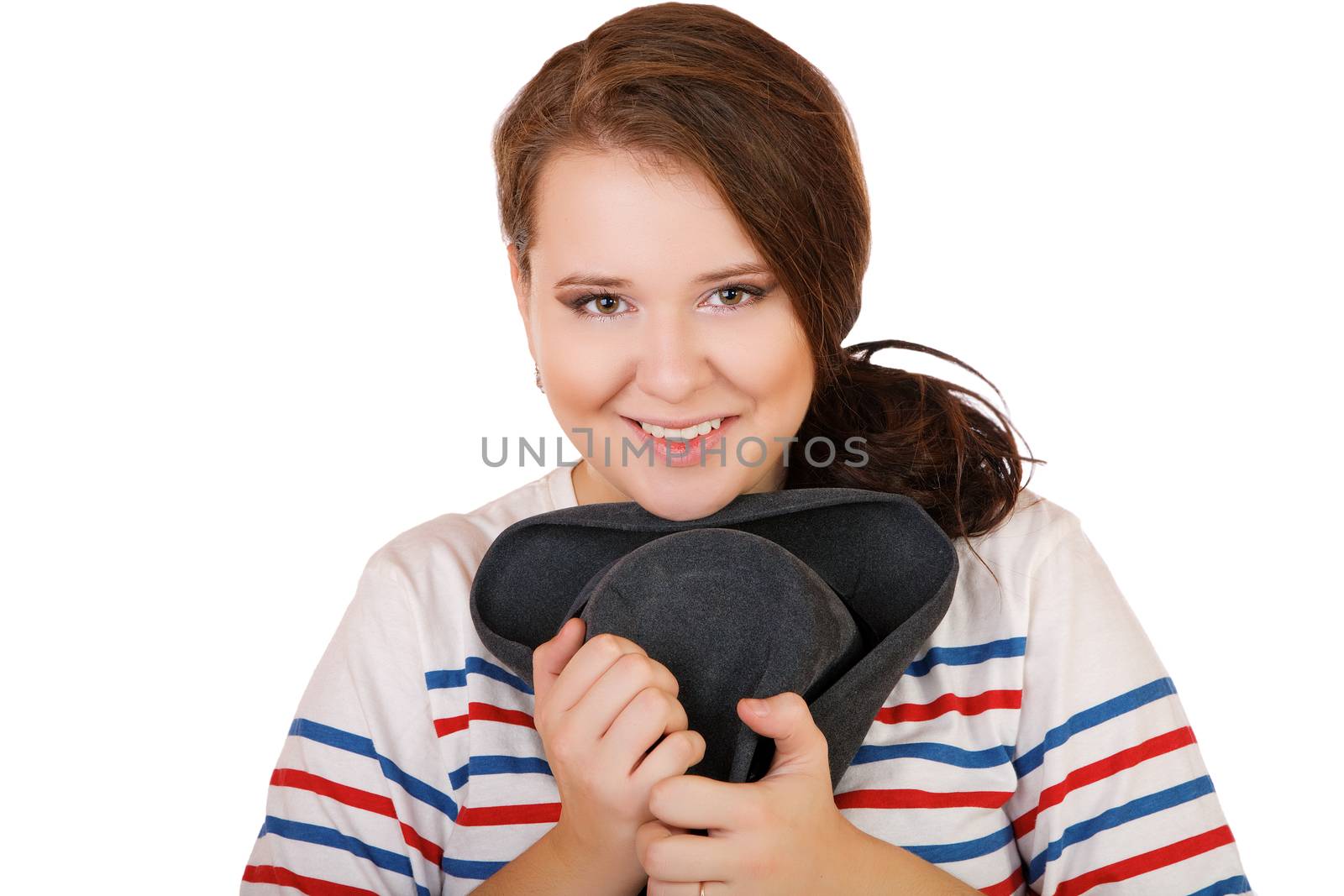 The smiling plump girl with a hat isolated on  white by alarich