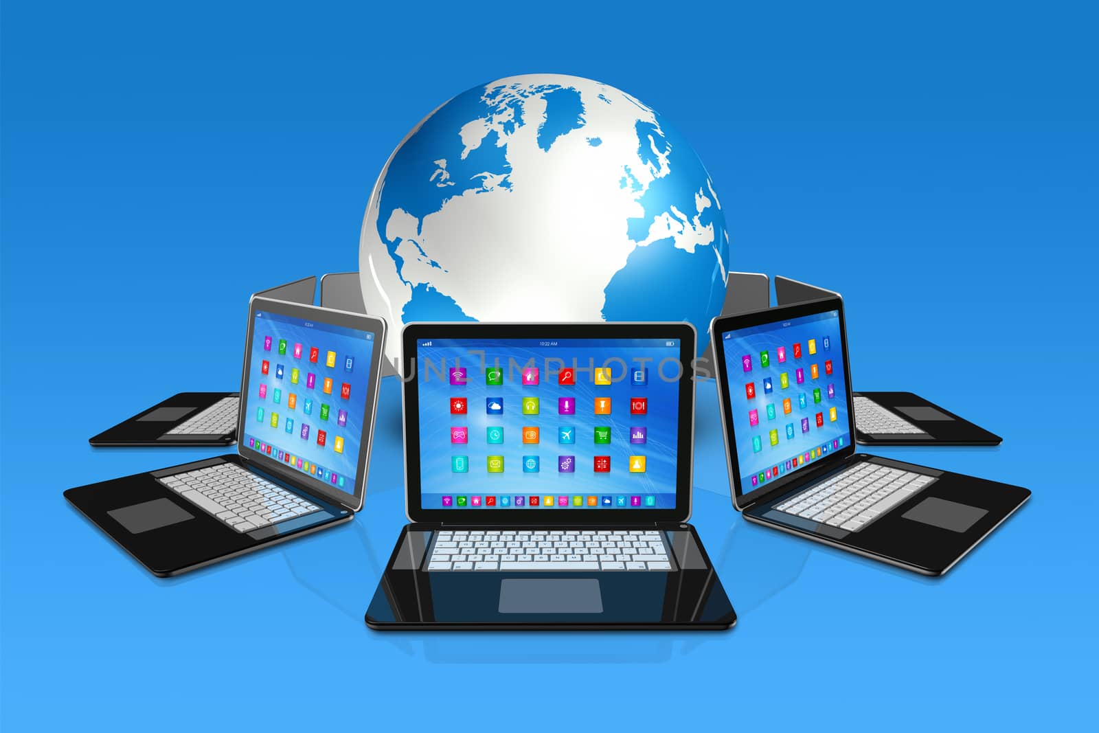 3D Laptop Computers around World Globe - apps icons interface - isolated on blue