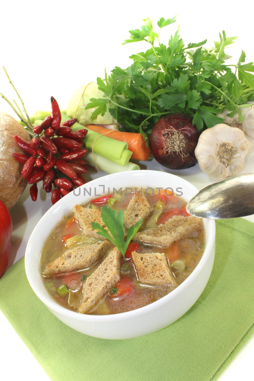 Bread soup with croutons on a light background