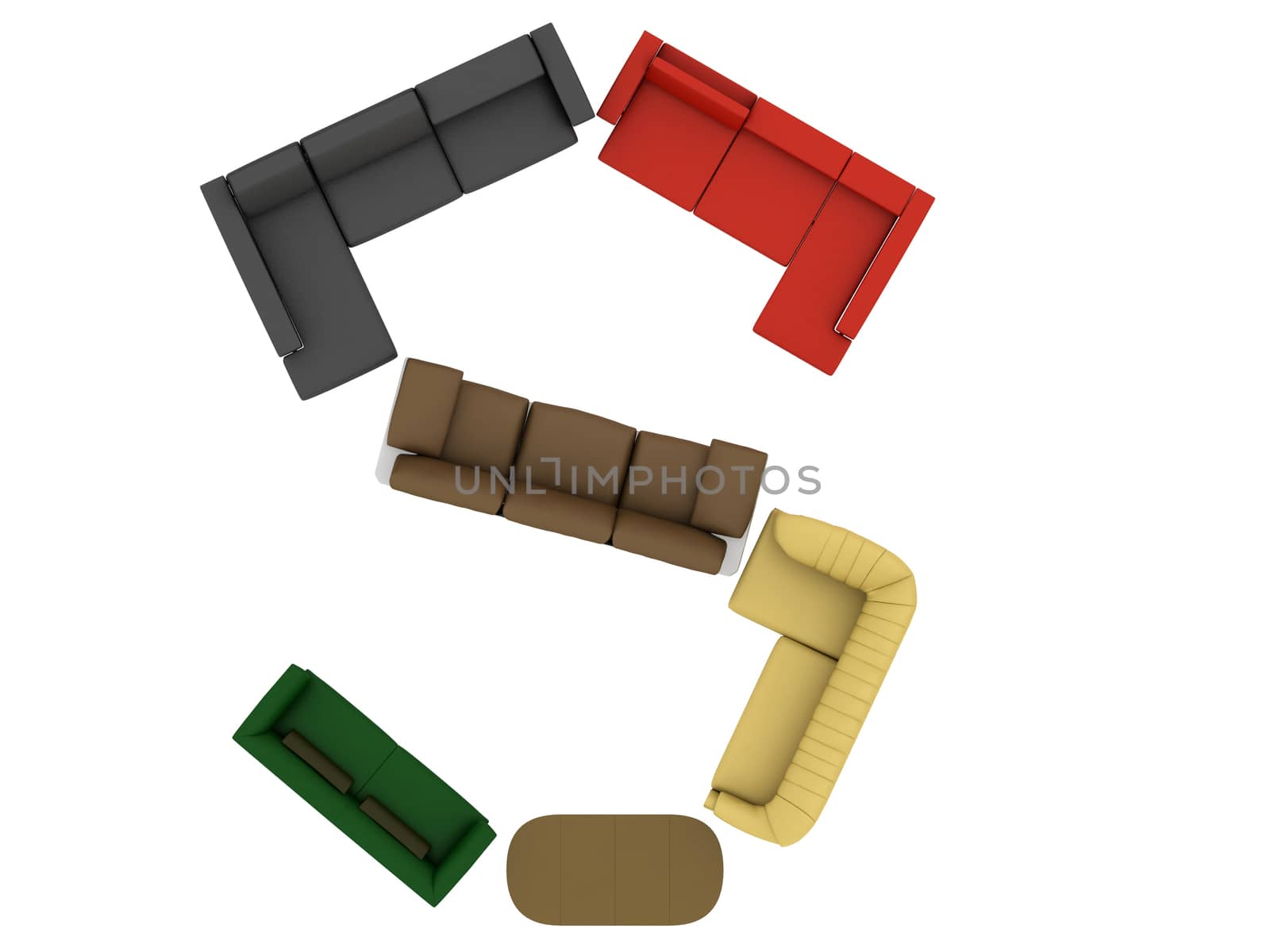 sofa and couch and table made alphabet S in 3d render
