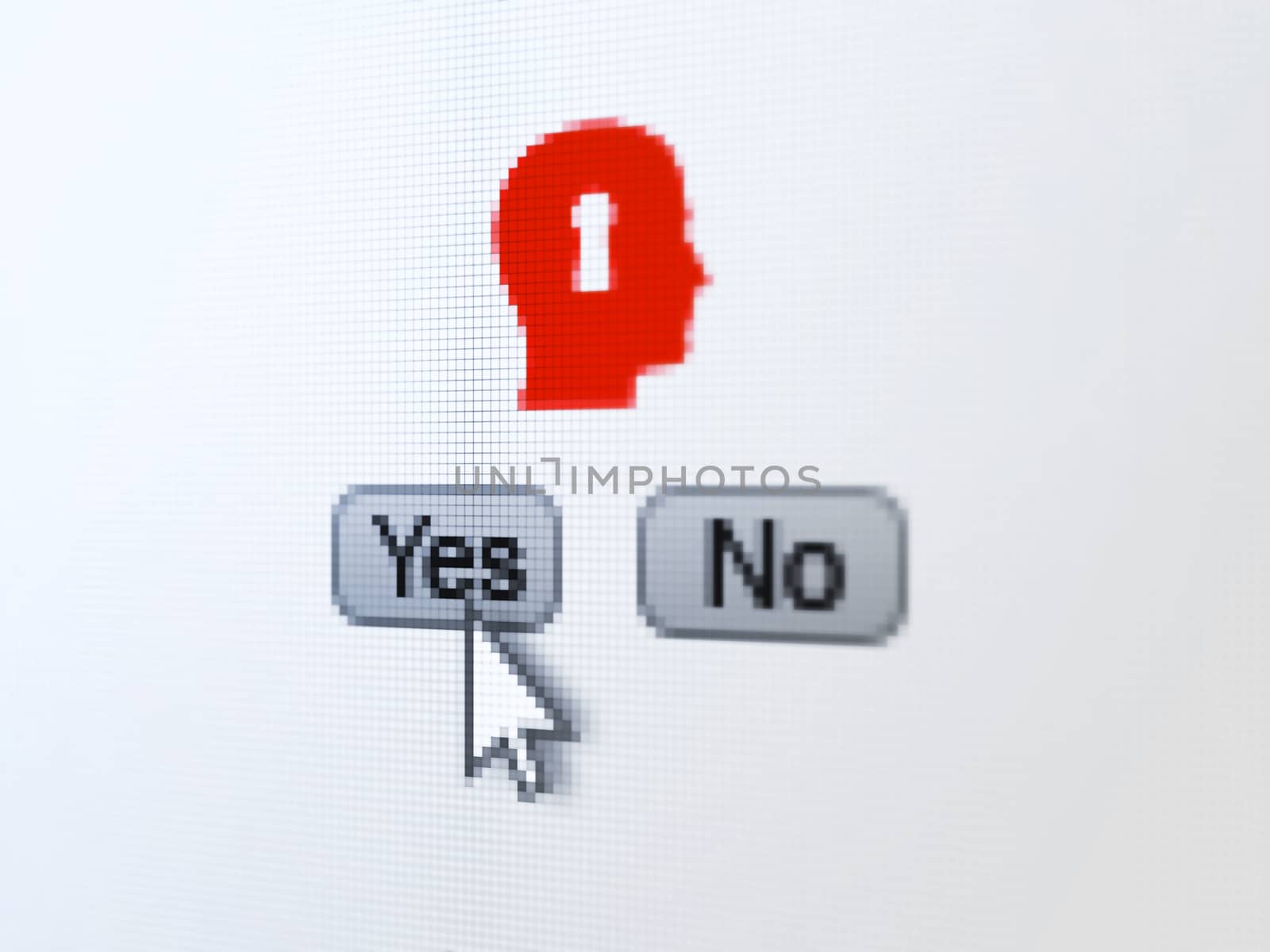 Security concept: buttons yes and no with pixelated Head With Keyhole icon and Arrow cursor on digital computer screen, selected focus 3d render