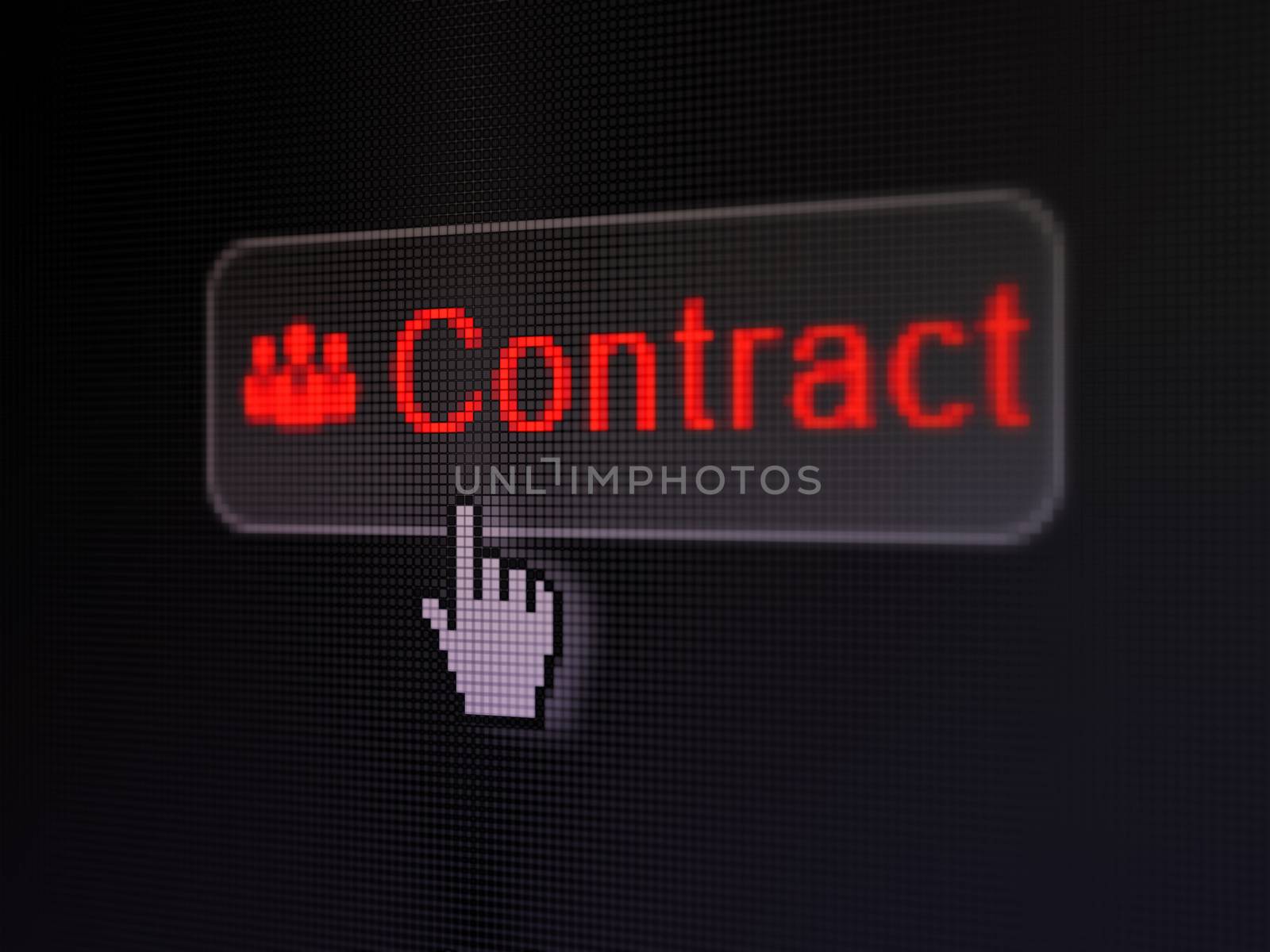 Finance concept: pixelated words Contract and Business People icon on button withHand cursor on digital computer screen background, selected focus 3d render