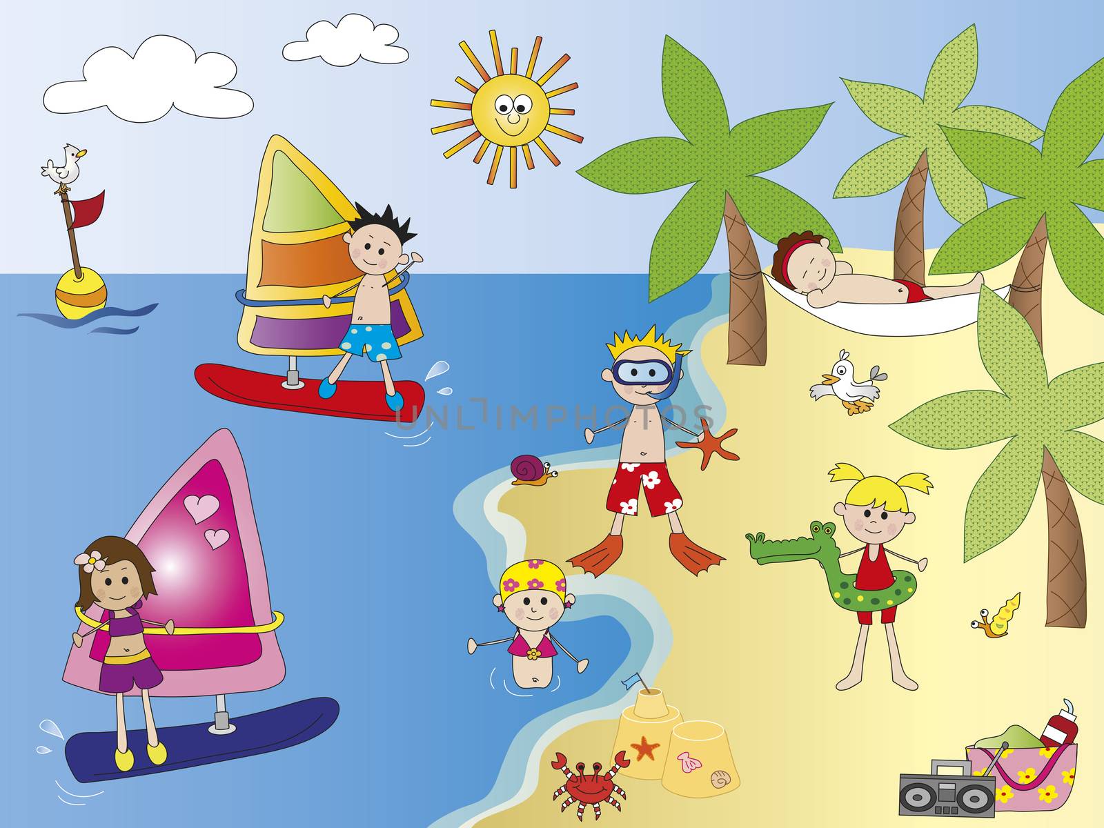  Illustration of people on the beach. 