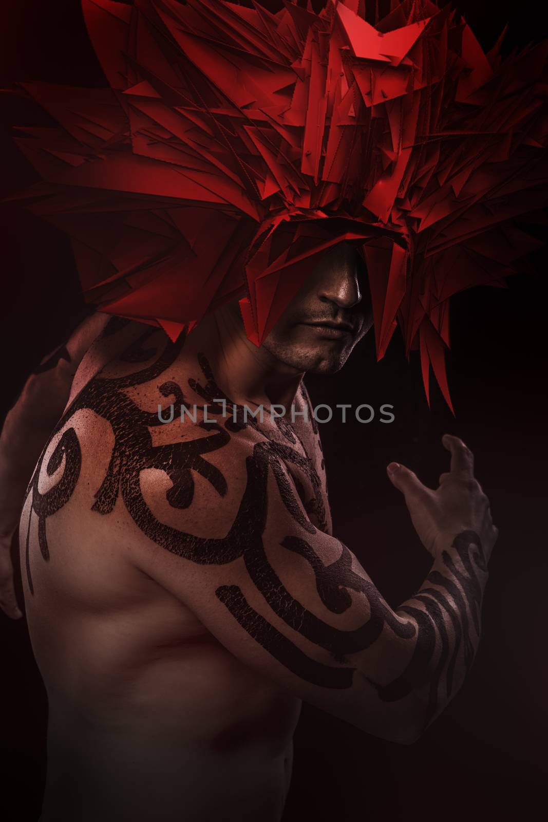 Warrior covered with tribal, strange red mask by FernandoCortes