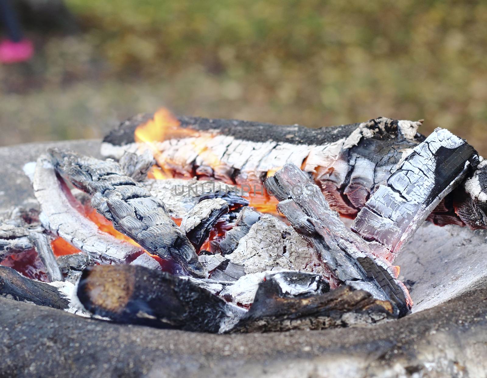 Close up of burning campfire embers 