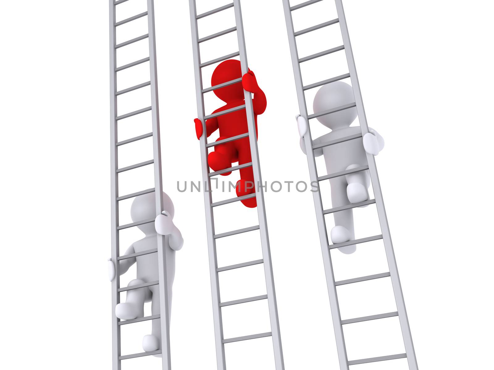 3d people are climbing three ladders as a competition