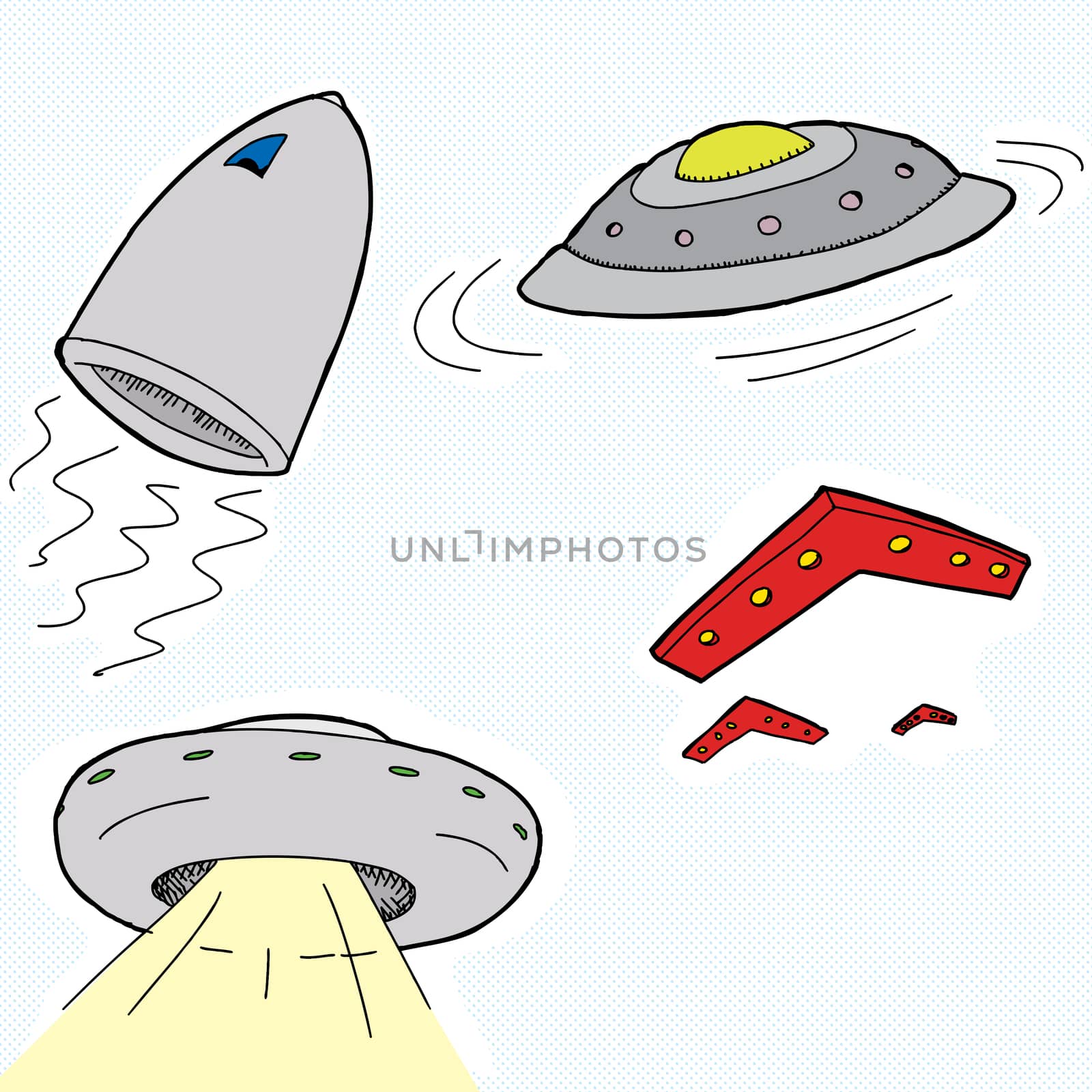 Set of cartoon unidentified flying objects and spaceships