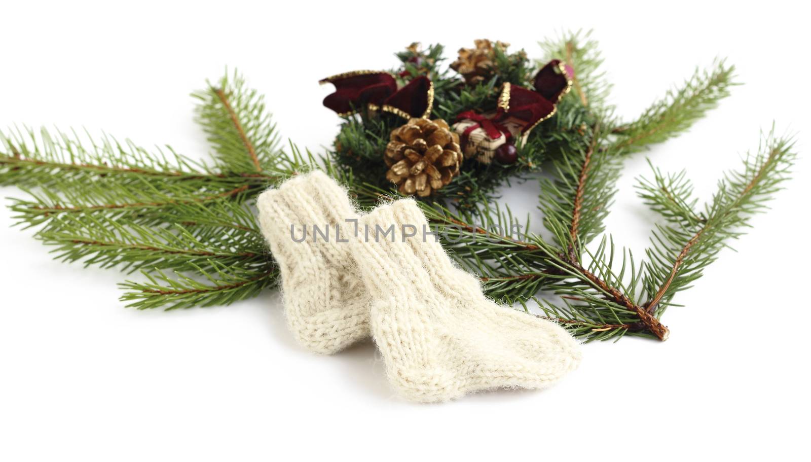 baby knitted woolen socks near spruce branches