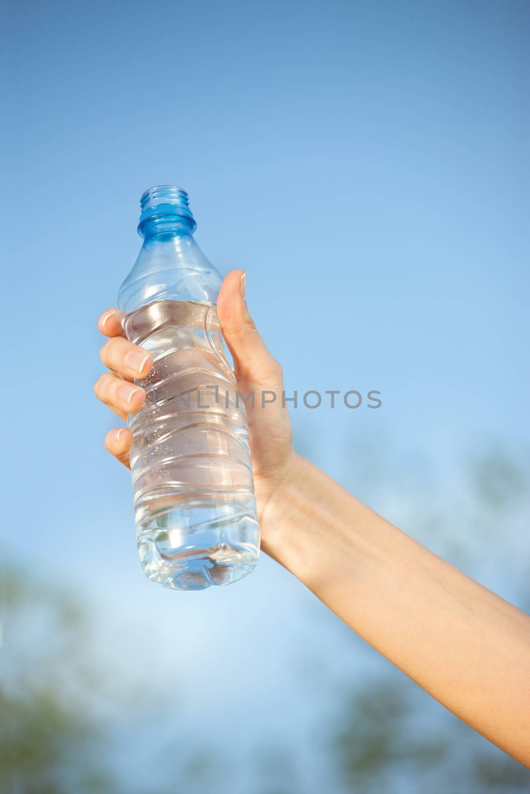 hand holding plastic bottle of water in front of sky