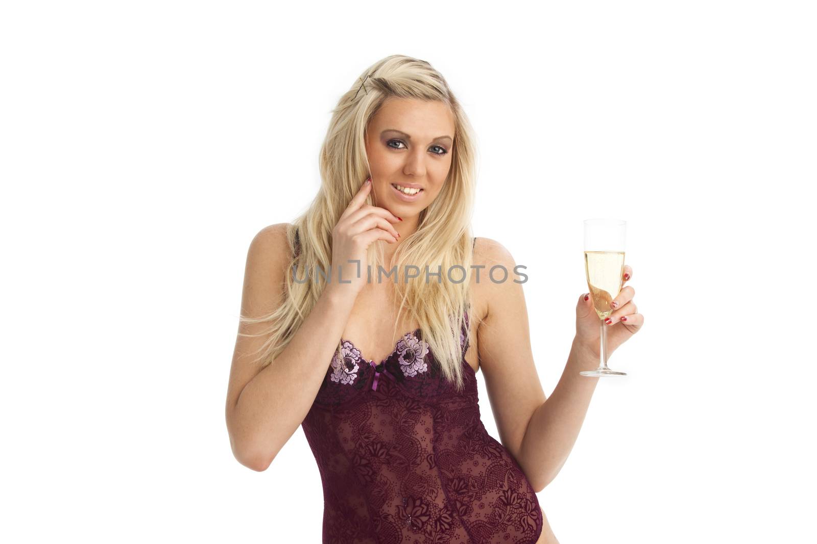 blonde woman in underwear with champagne