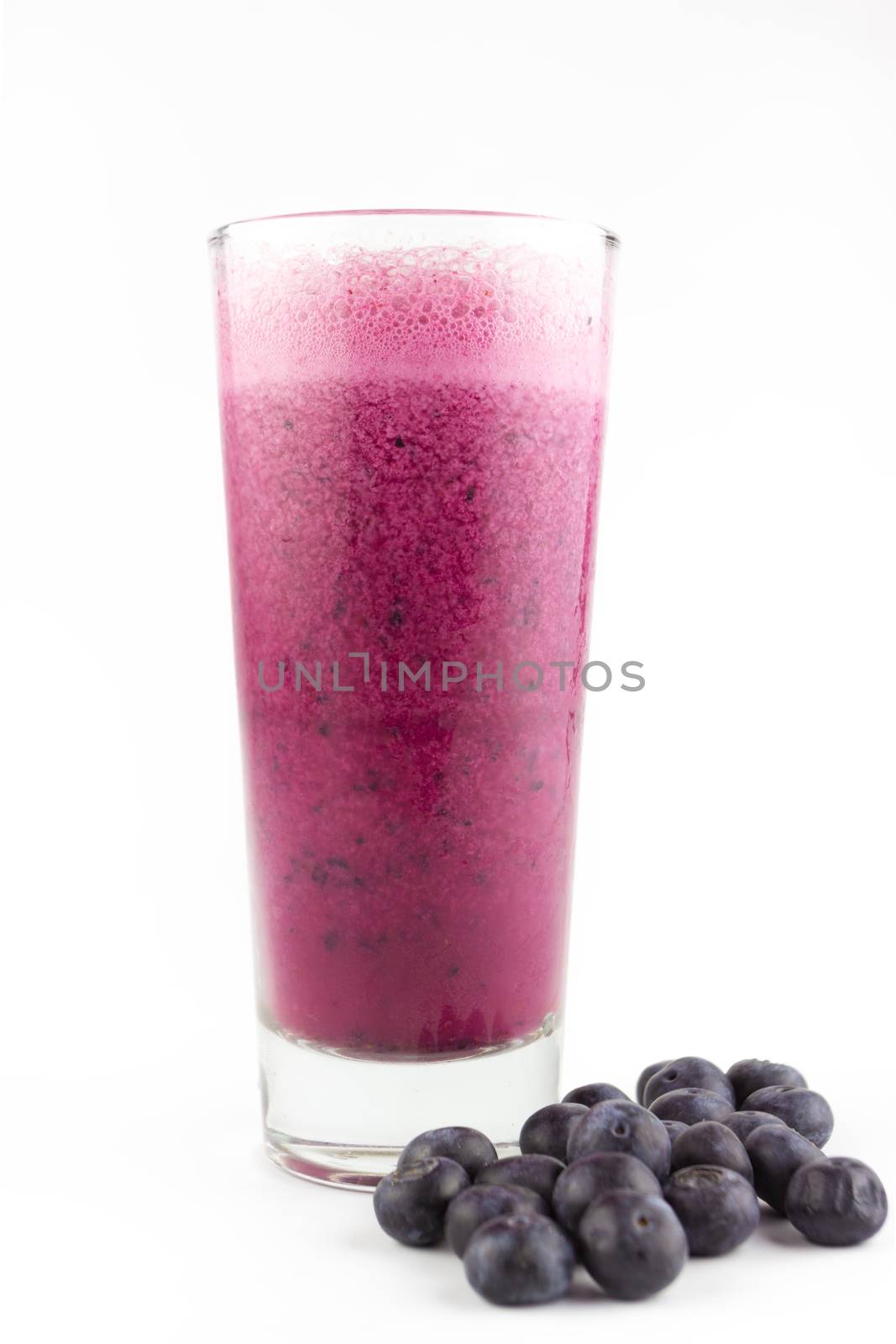 Blueberry smoothie with fresh blueberry on white background 