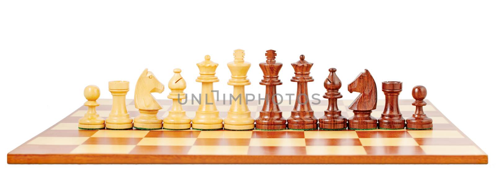 Chess board and chessmen, isolated on white background