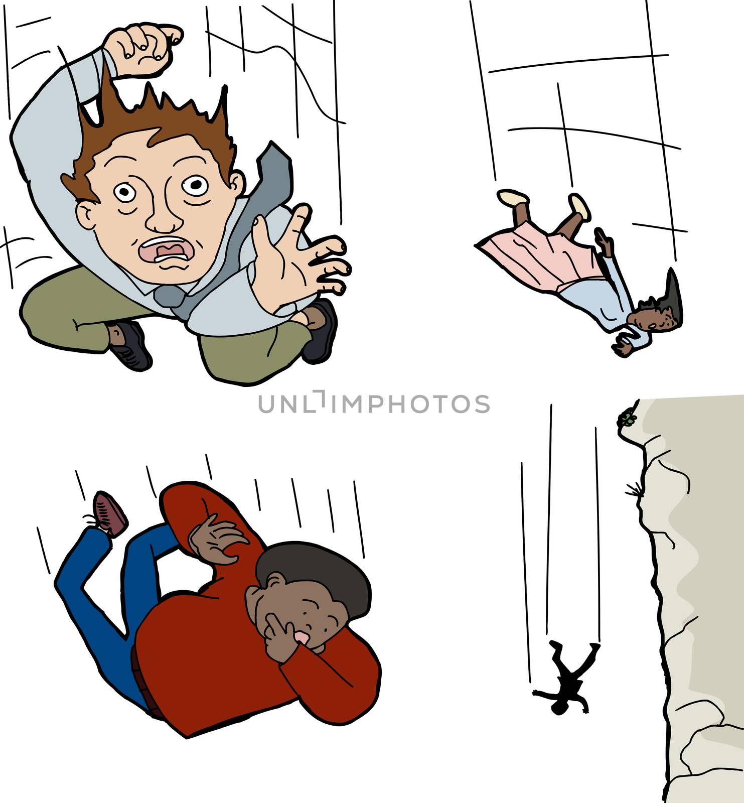 Various men and women falling over white background
