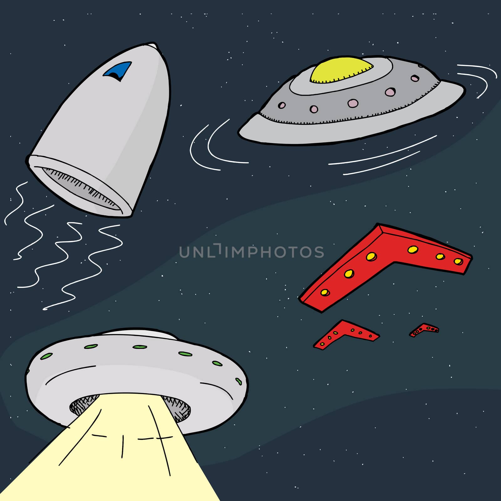 Cartoon unidentified flying objects and spaceships