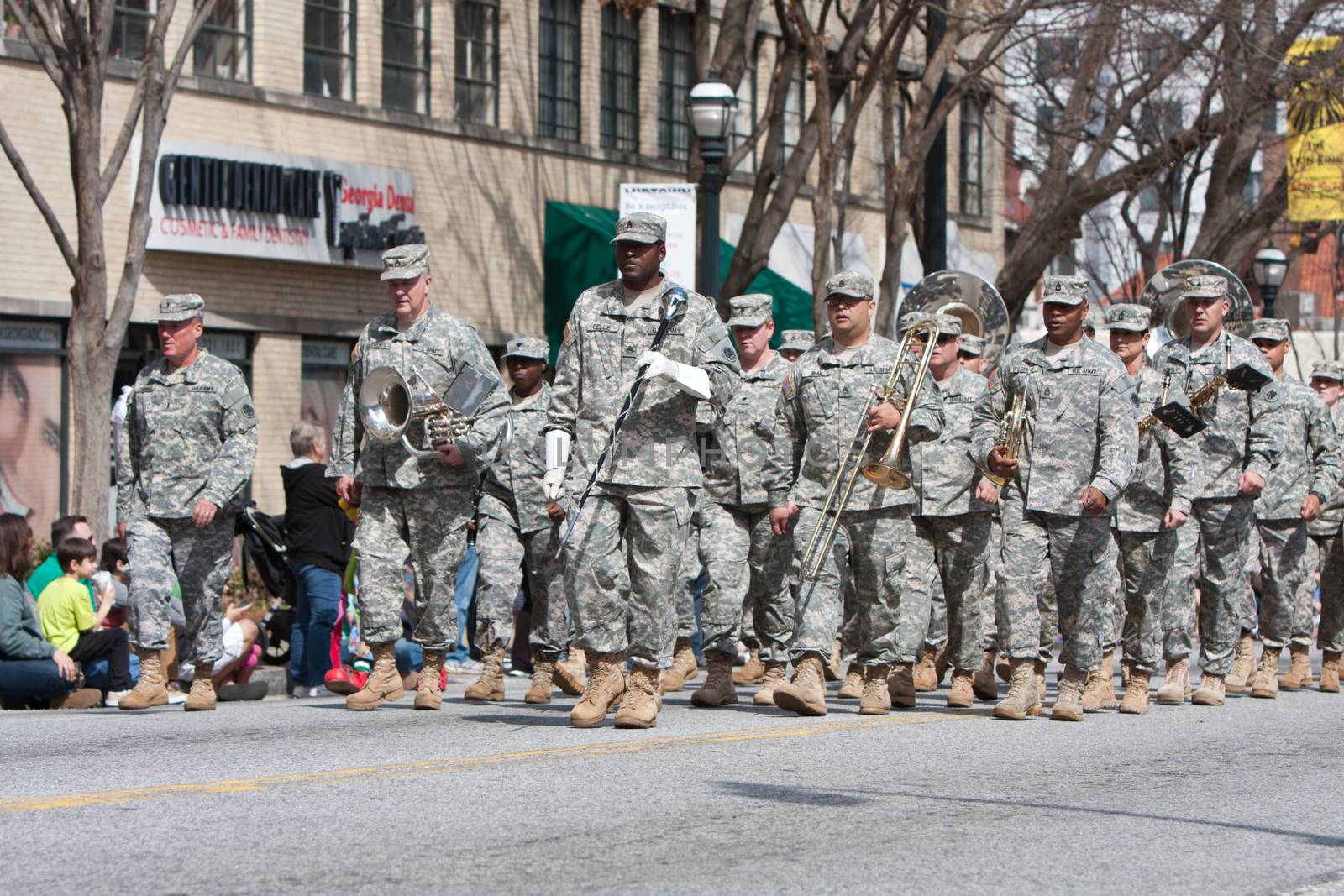 Atlanta, GA - March 15, 2014:  An Army band marches and performs in the annual St. Patrick's parade.