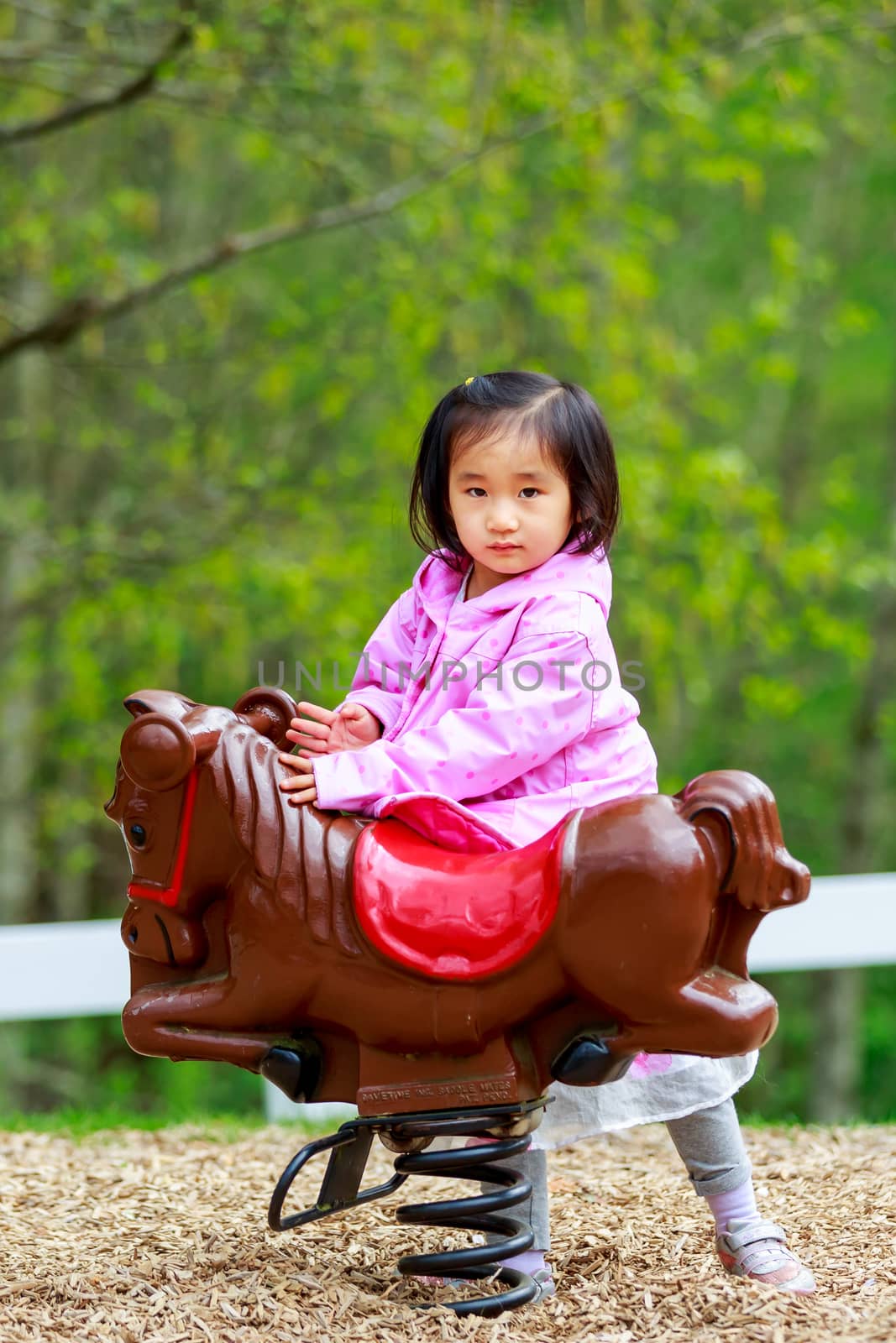 Adorable girl plays in the playground, on a wooden horse.