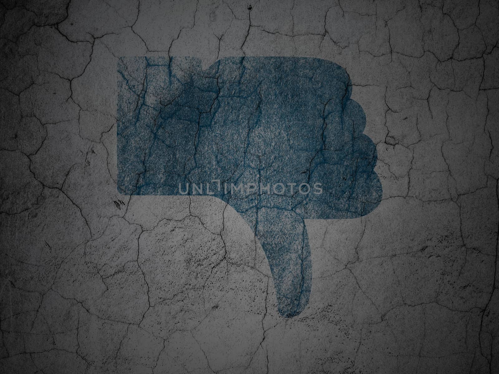 Social media concept: Blue Thumb Down on grunge textured concrete wall background, 3d render