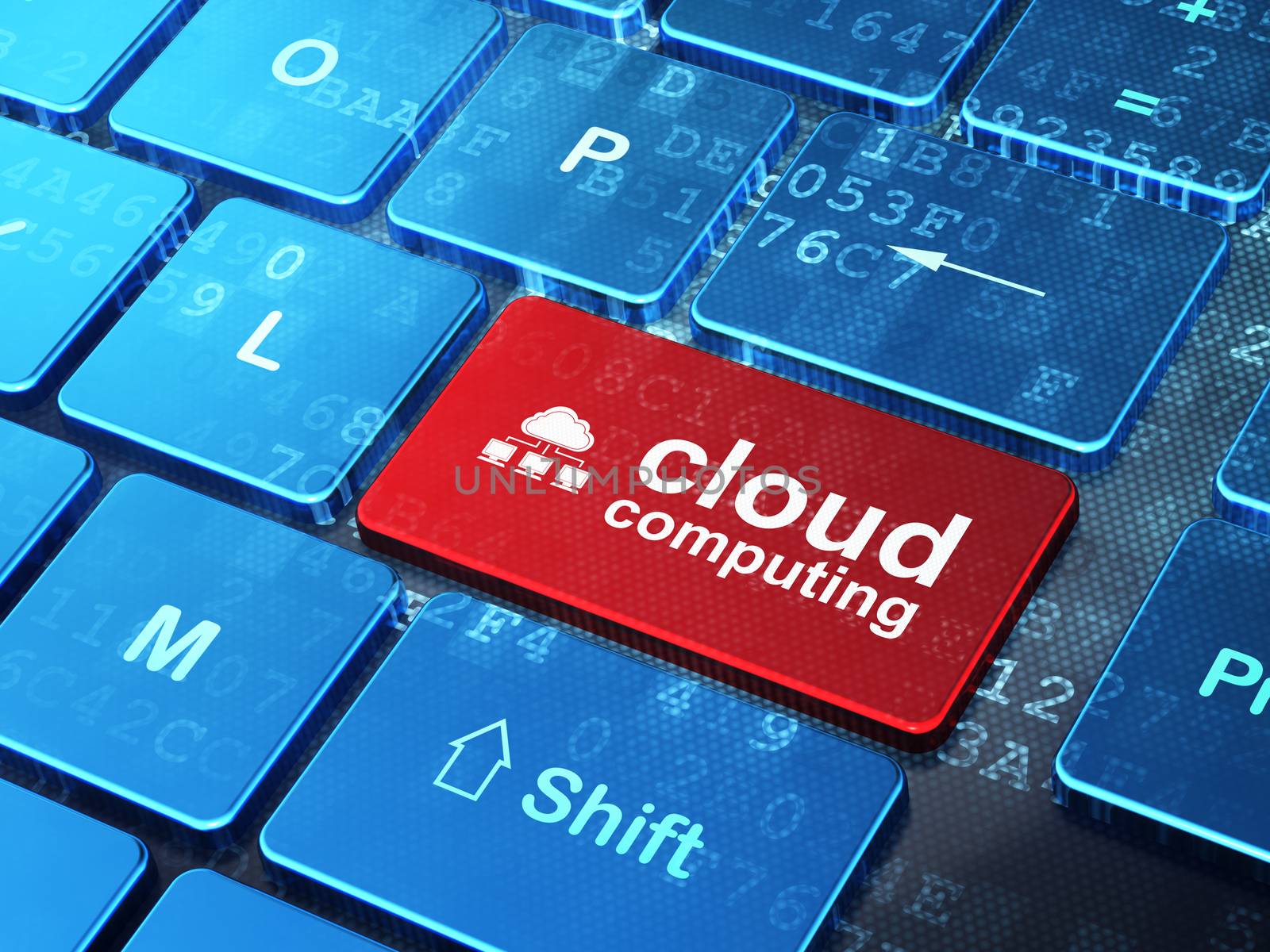 Cloud networking concept: computer keyboard with Cloud Network icon and word Cloud Computing on enter button background, 3d render