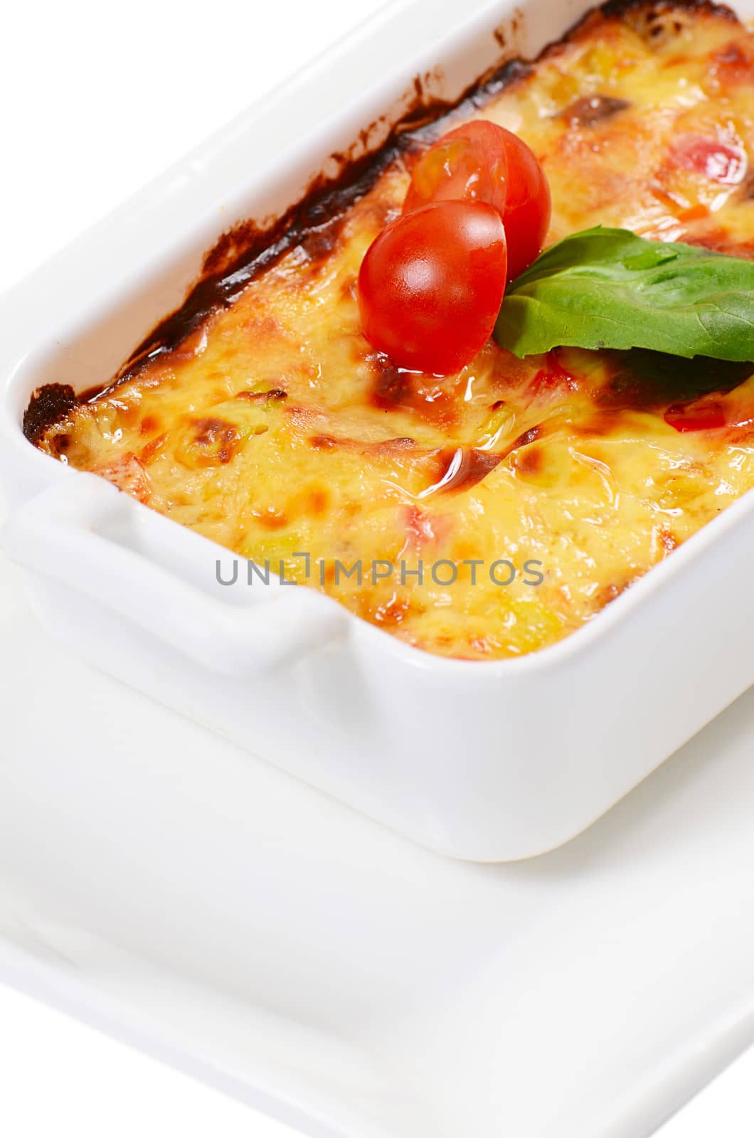 House lasagna with vegetables and mushrooms close-up