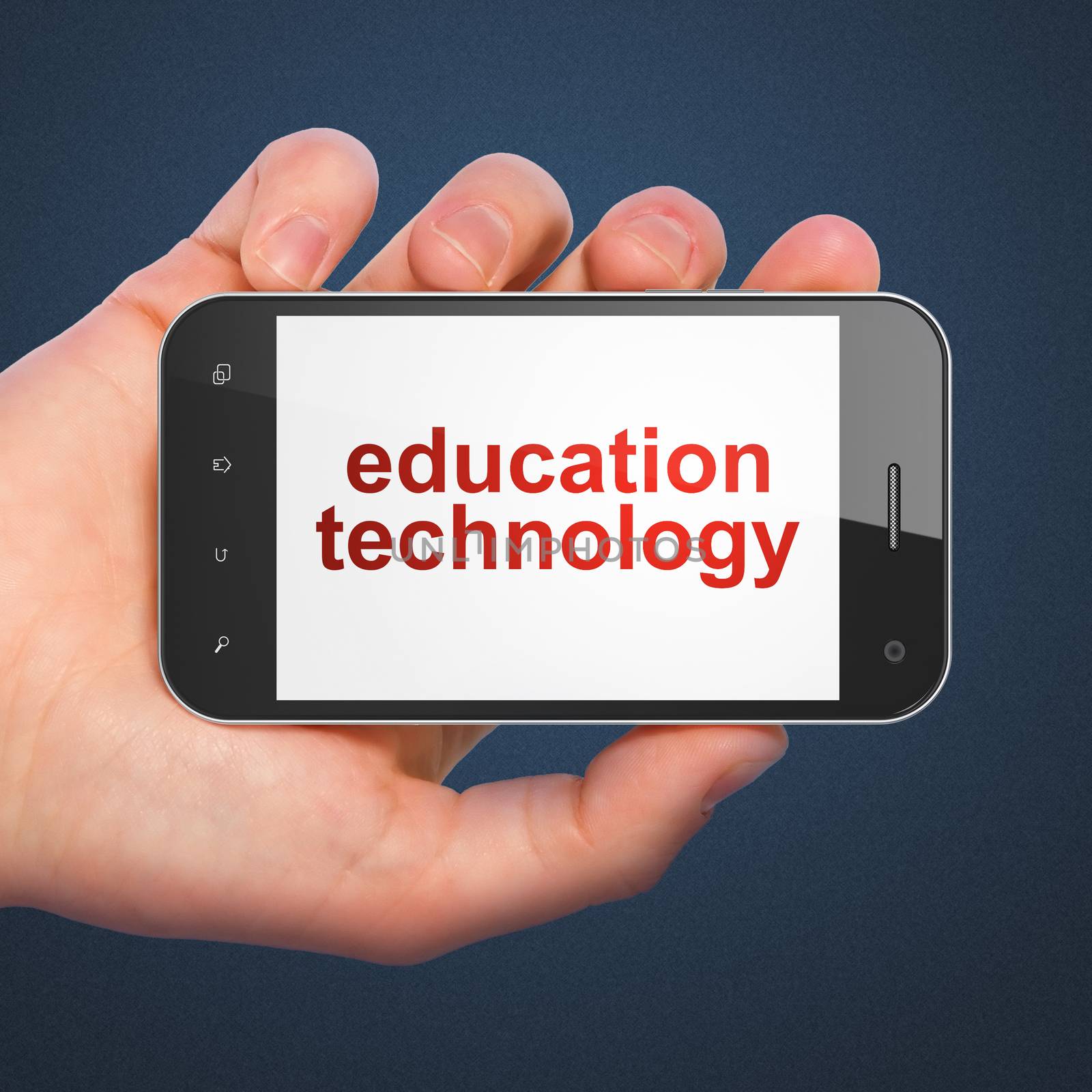 Education concept: hand holding smartphone with word Education Technology on display. Mobile smart phone on Blue background, 3d render