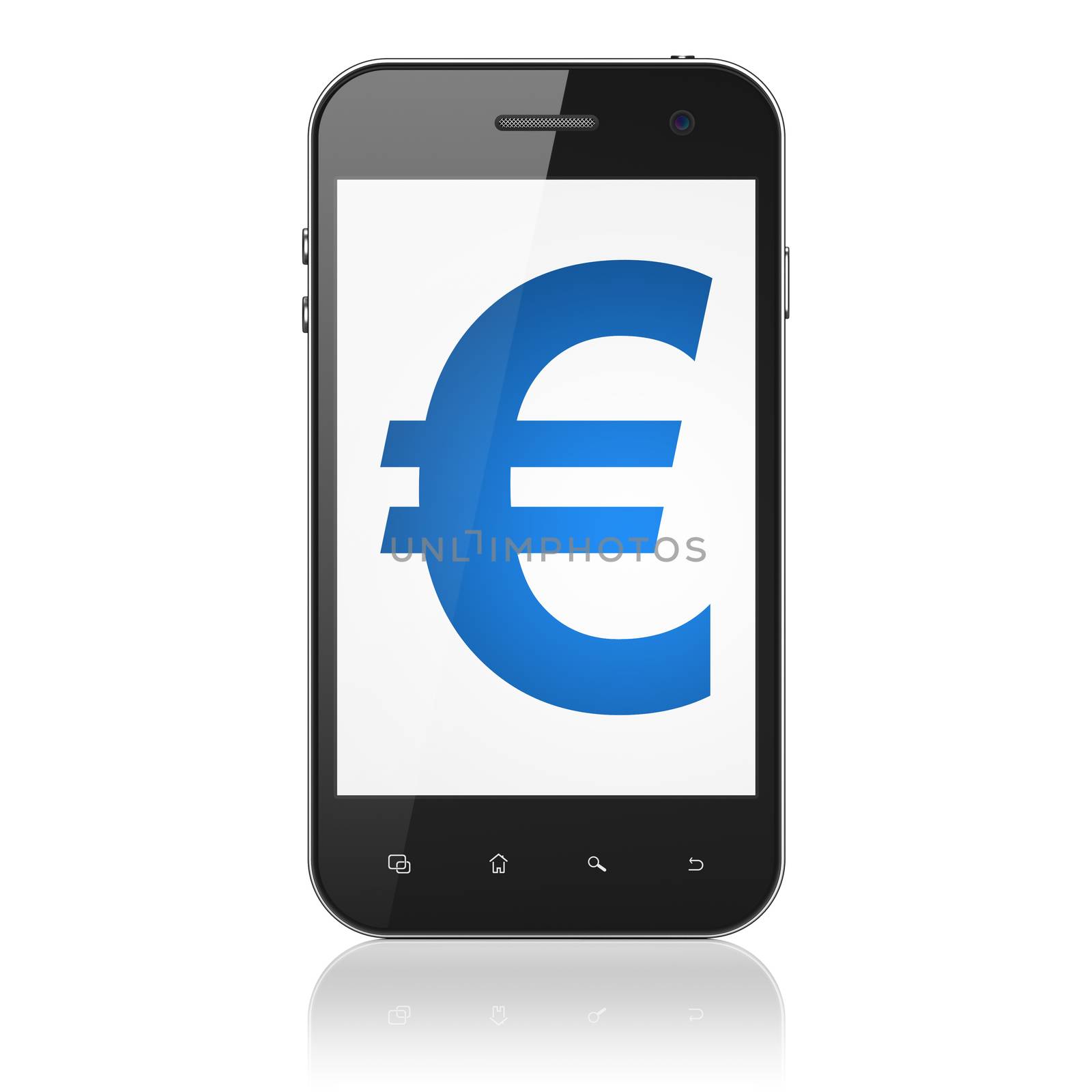 Currency concept: smartphone with Euro icon on display. Mobile smart phone on White background, cell phone 3d render