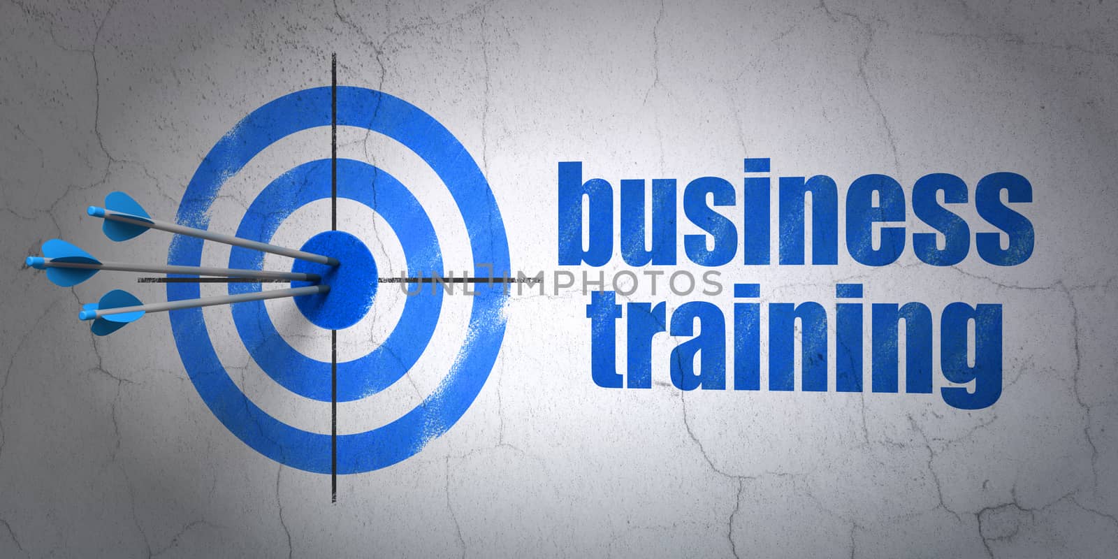 Success Education concept: arrows hitting the center of target, Blue Business Training on wall background, 3d render