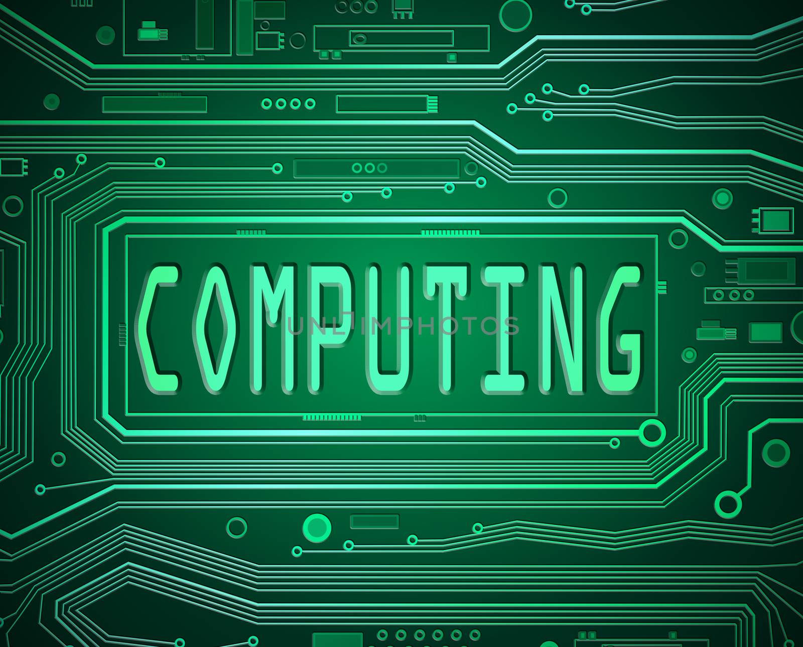 Abstract style illustration depicting printed circuit board components with a computing concept.