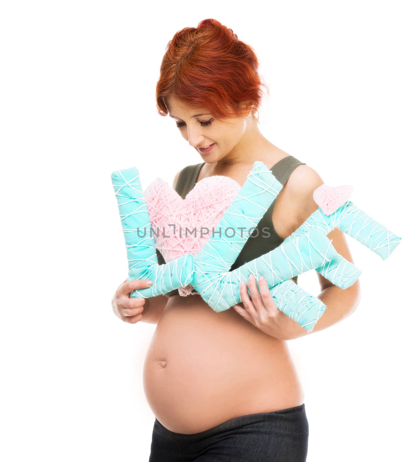 redhead pregnant woman holding an inscription love by GekaSkr