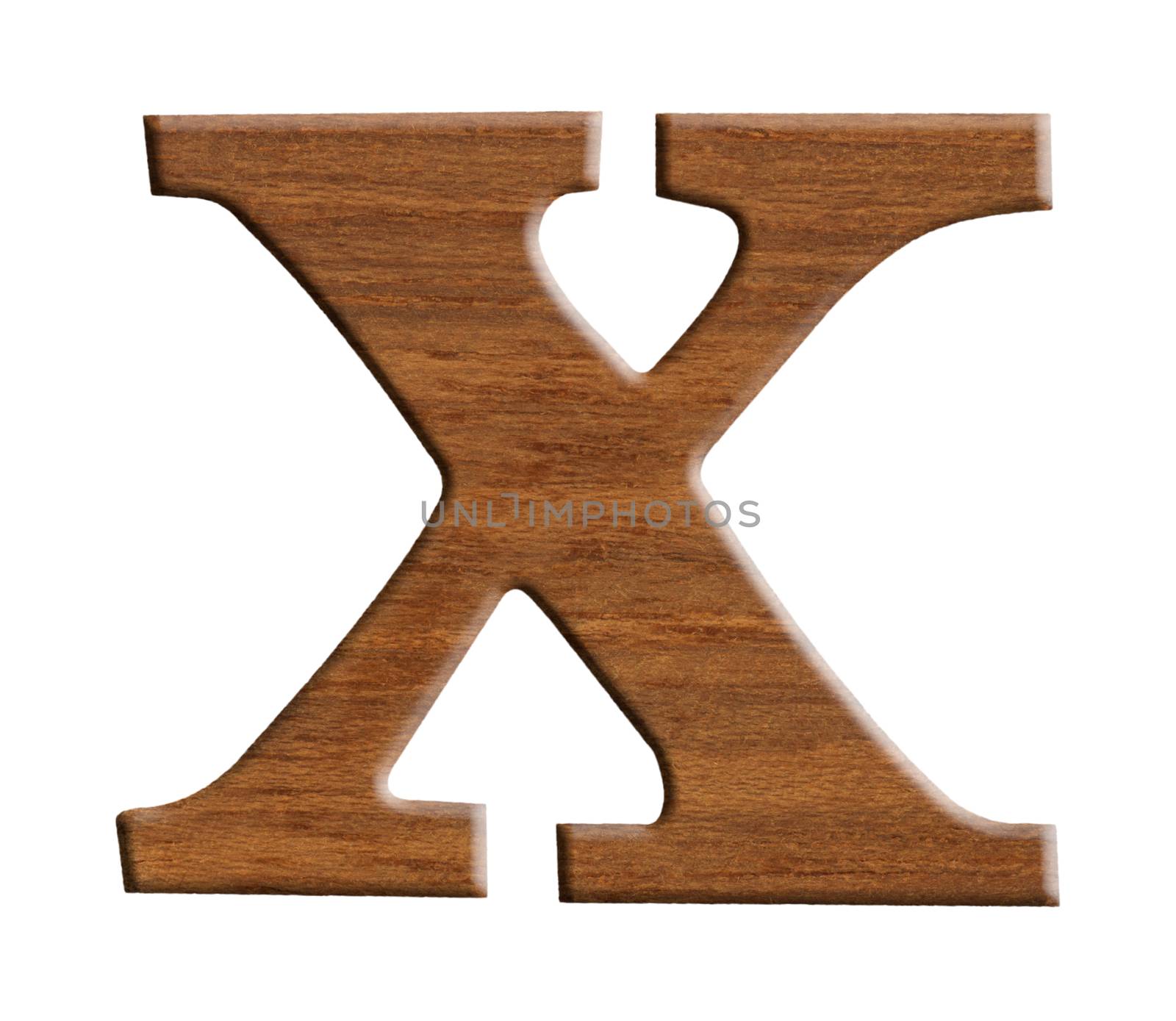 Alphabet made from wood, isolated on white background.