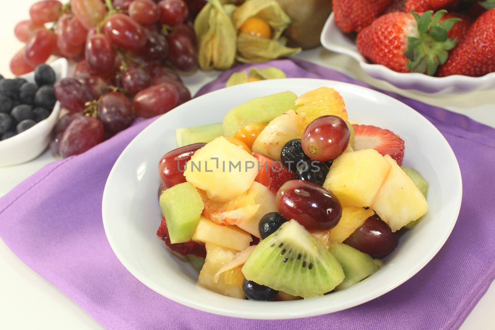 A white bowl with fresh fruit