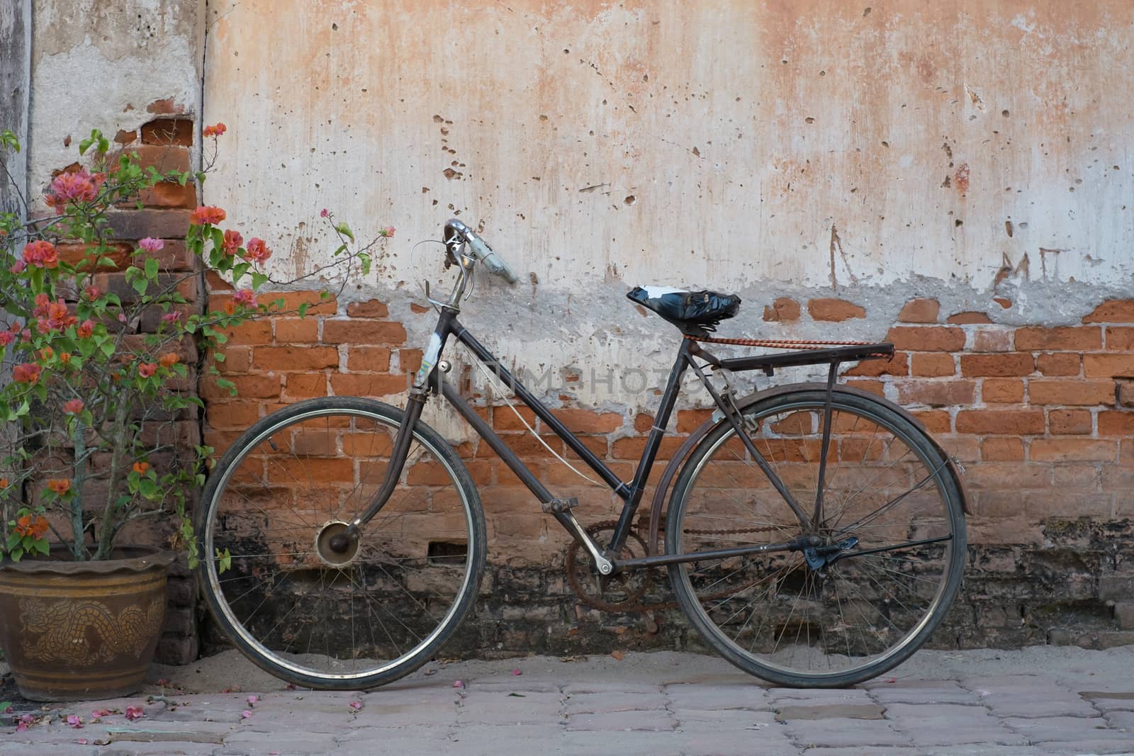 An old bicycle and a grungy wall