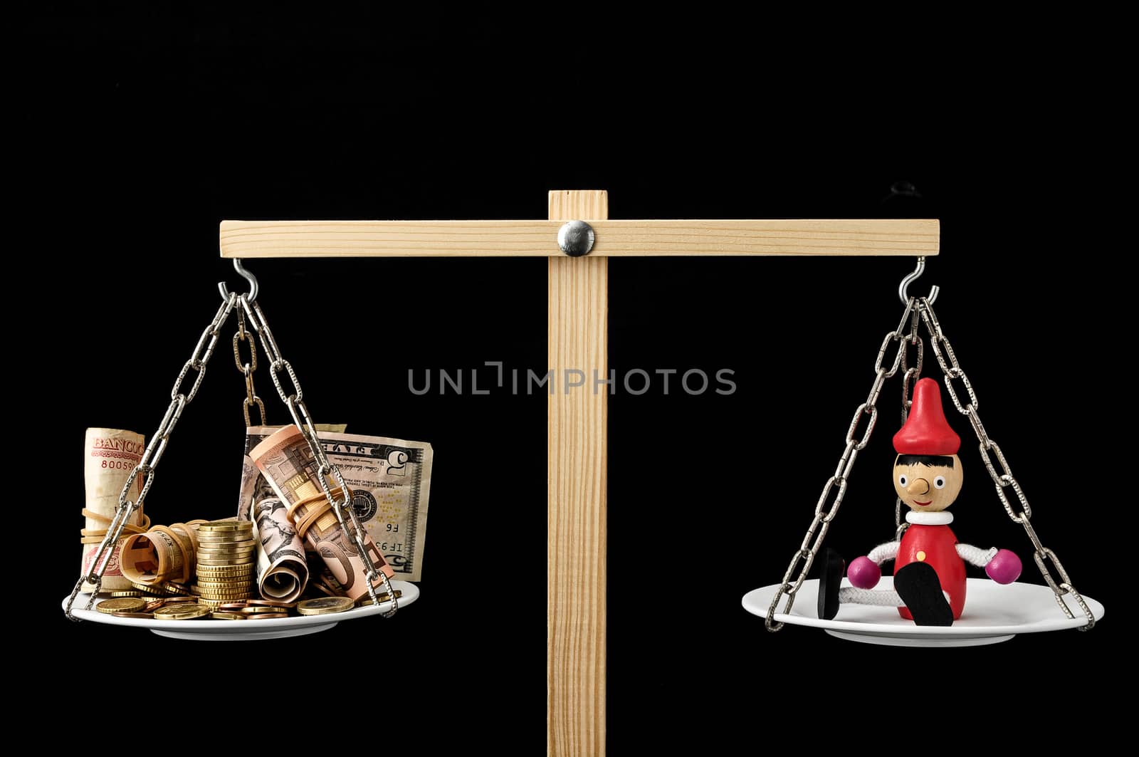 Liar Concept Pinocchio and Money on a Two Pan Balance