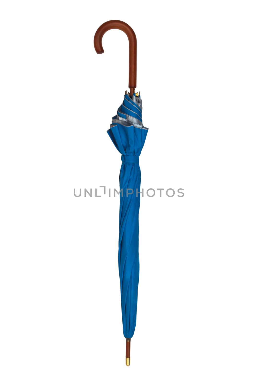 blue umbrella isolated on a white background with a brown wood handle.
