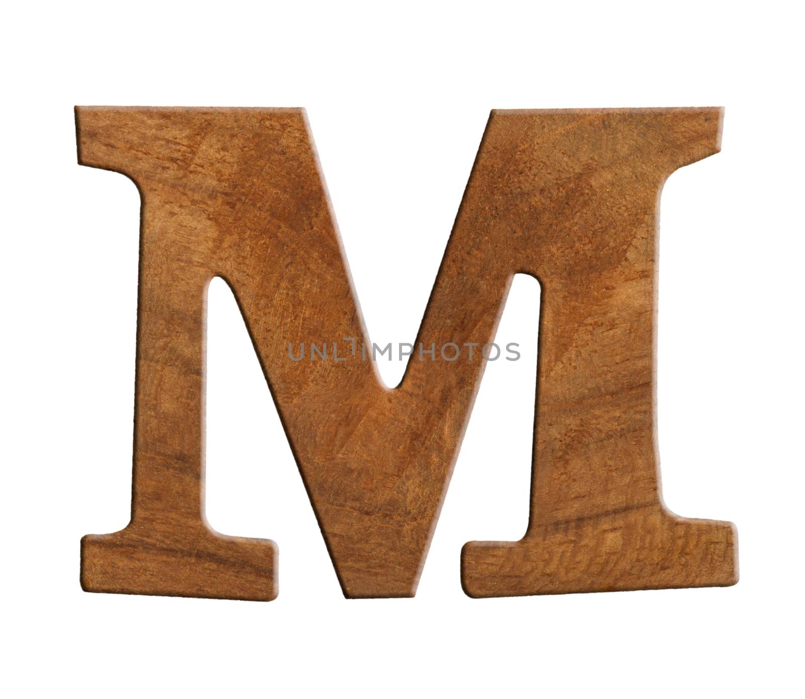 Alphabet made from wood, isolated on white background.