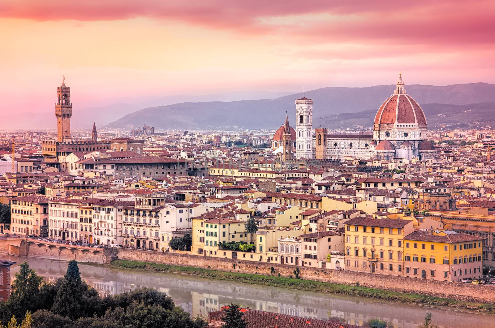 Scenic view of Florence at sunset in dreamy postcard filtered style