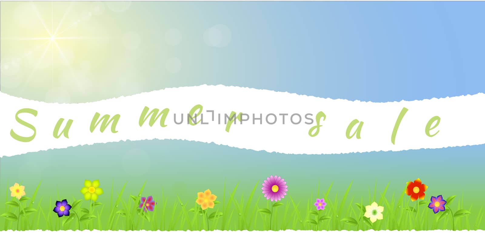 Torn paper middle spring landscape with flowers,grass,raindrops in a blue sunny background with ray of lights